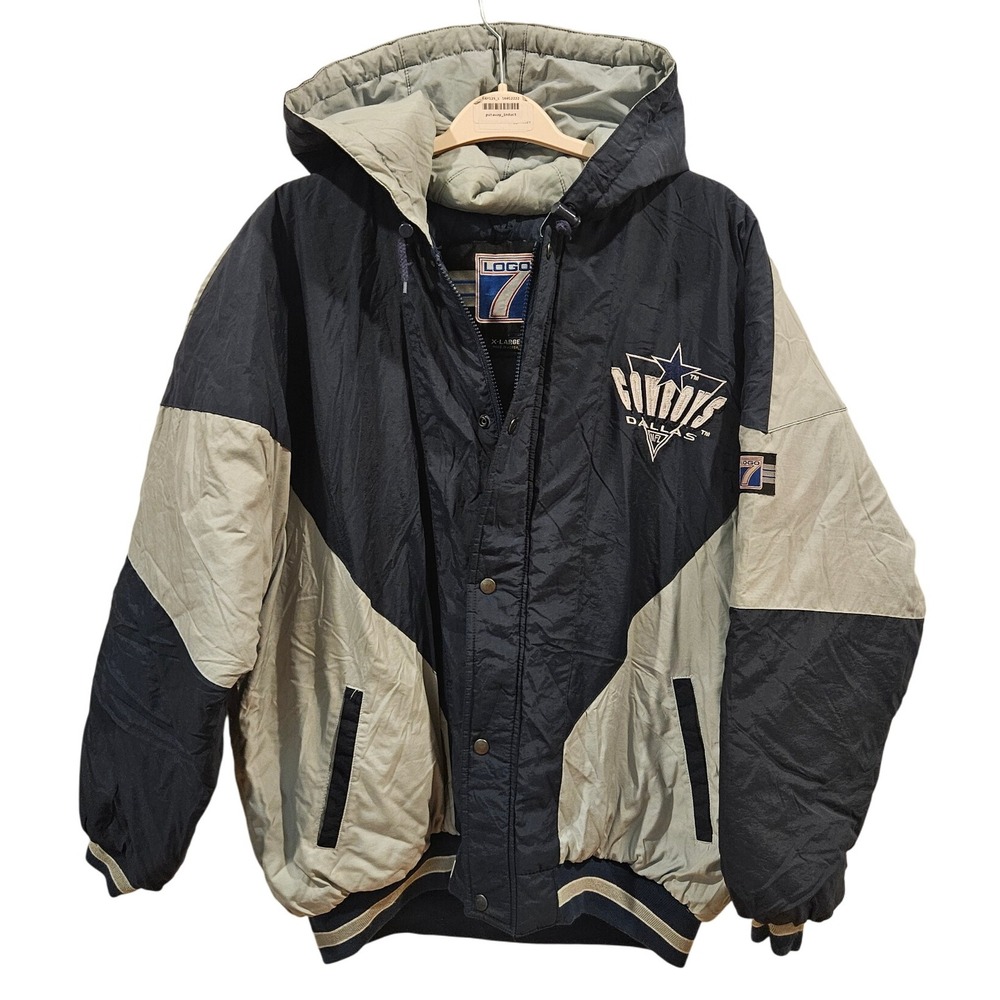 Logo 7 90's Dallas Cowboys NFL‎ Puffer Jacket Hooded Mens X-Large Black Tan